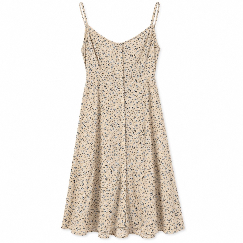 Arizona Smocked Floral Midi Dress Womens Sz L Tan Blue Button Front Boho Prairie - Picture 2 of 9